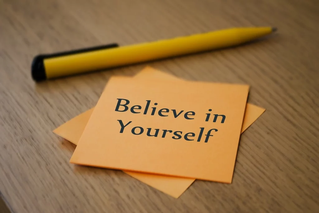 un post-it de couleur orange posé sur une table à côté d'un stylo et où il est écrit : believe in yourself